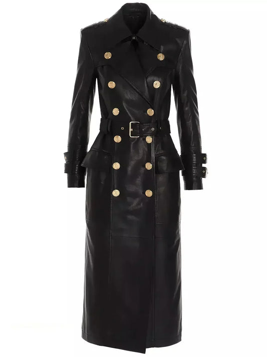 Belted Double-Breasted Long Leather Trench Coat - Coats