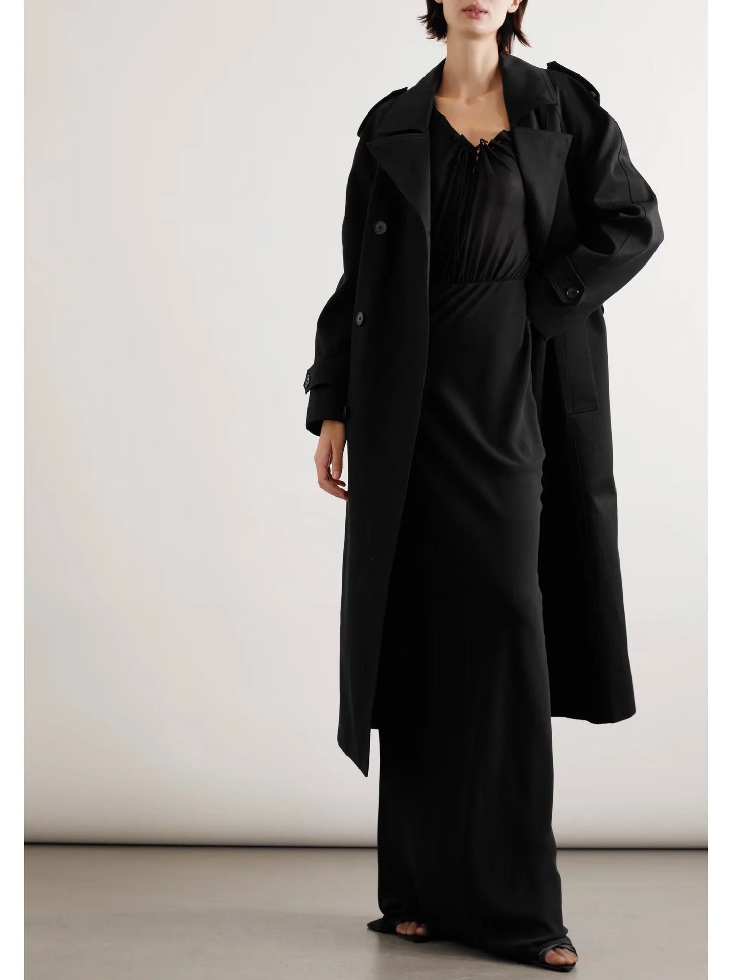 Belted Double-Breasted Long Twill Trench Coat - Coats