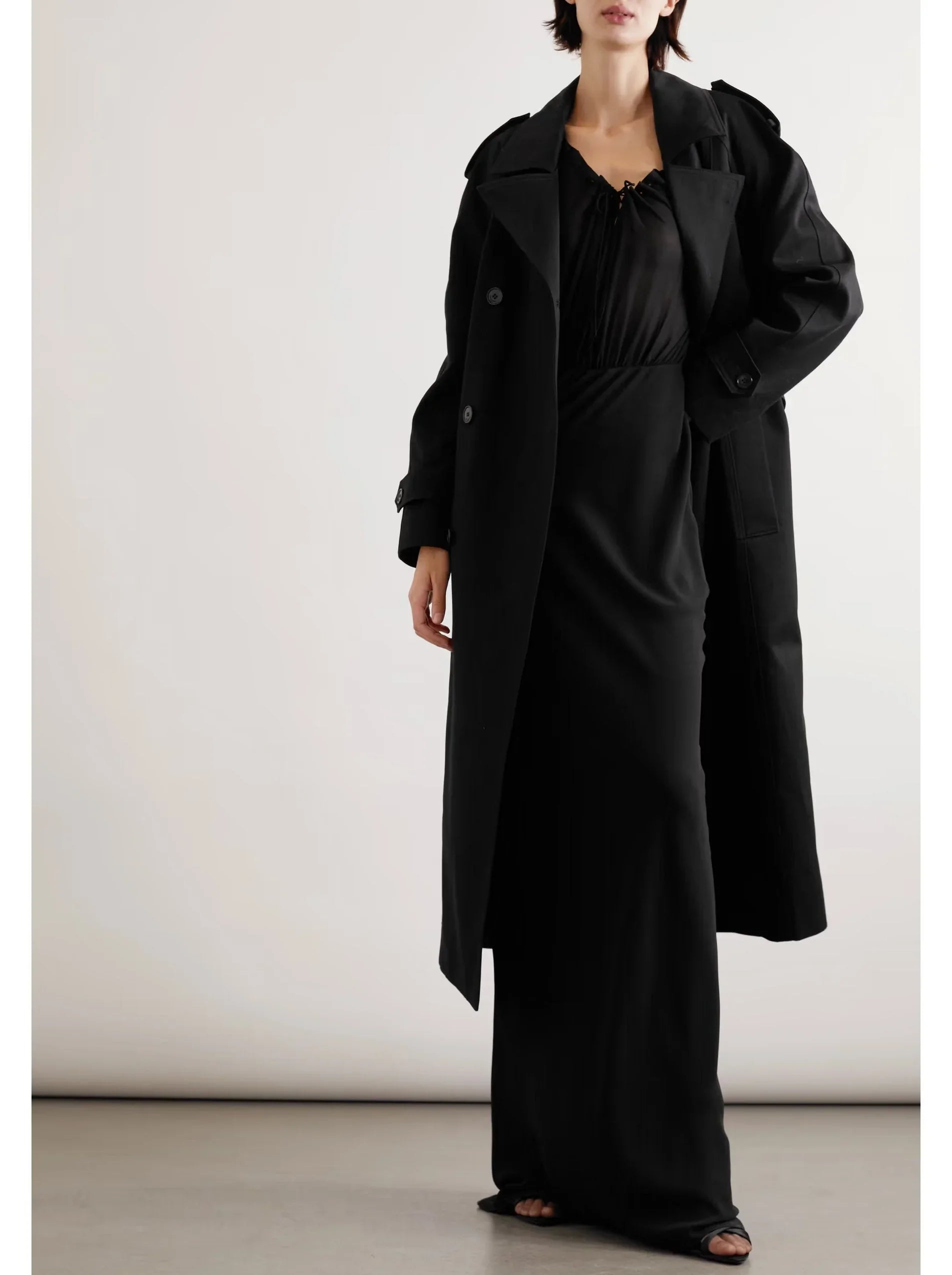 Belted Double-Breasted Long Twill Trench Coat - Coats