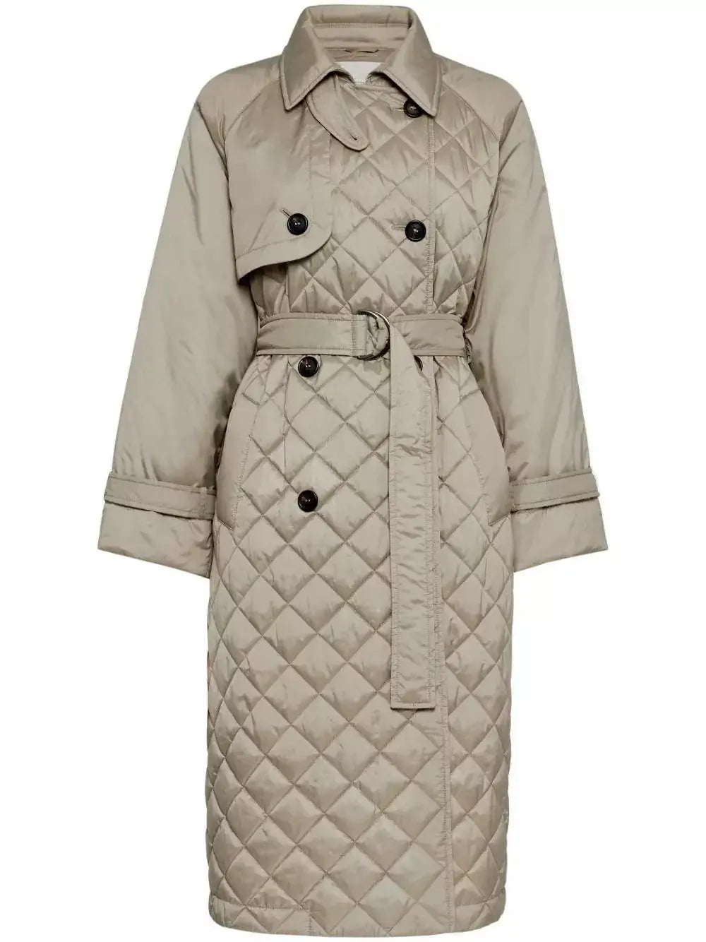 Belted Double-Breasted Quilted Trench Coat in Beige - Coats