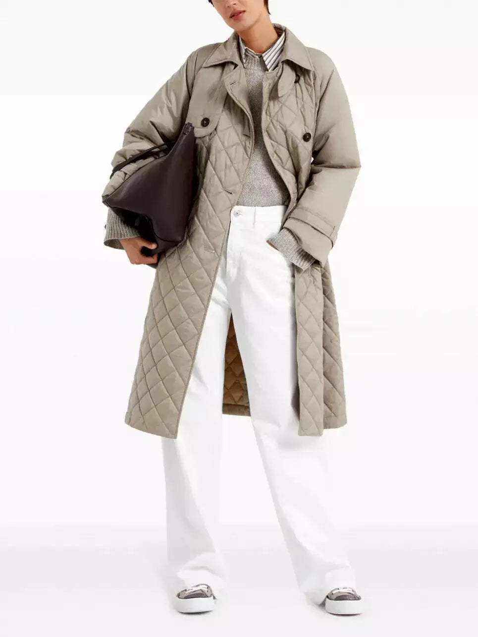 Belted Double-Breasted Quilted Trench Coat in Beige - Coats