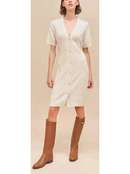 Belted Embossed Short-Sleeve Knit Dress - Dresses