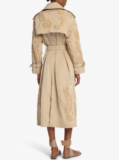 Belted Embroidered Beige Trench Coat - Coats