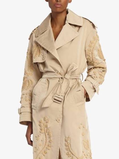 Belted Embroidered Beige Trench Coat - Coats