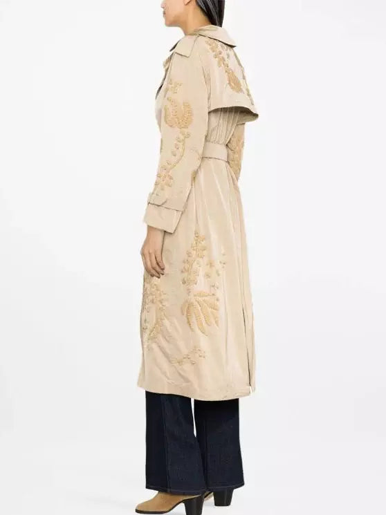 Belted Embroidered Beige Trench Coat - Coats