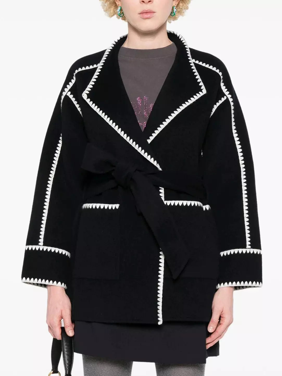 Belted Embroidered Wool-Blend Jacket in Dark Blue - Jackets