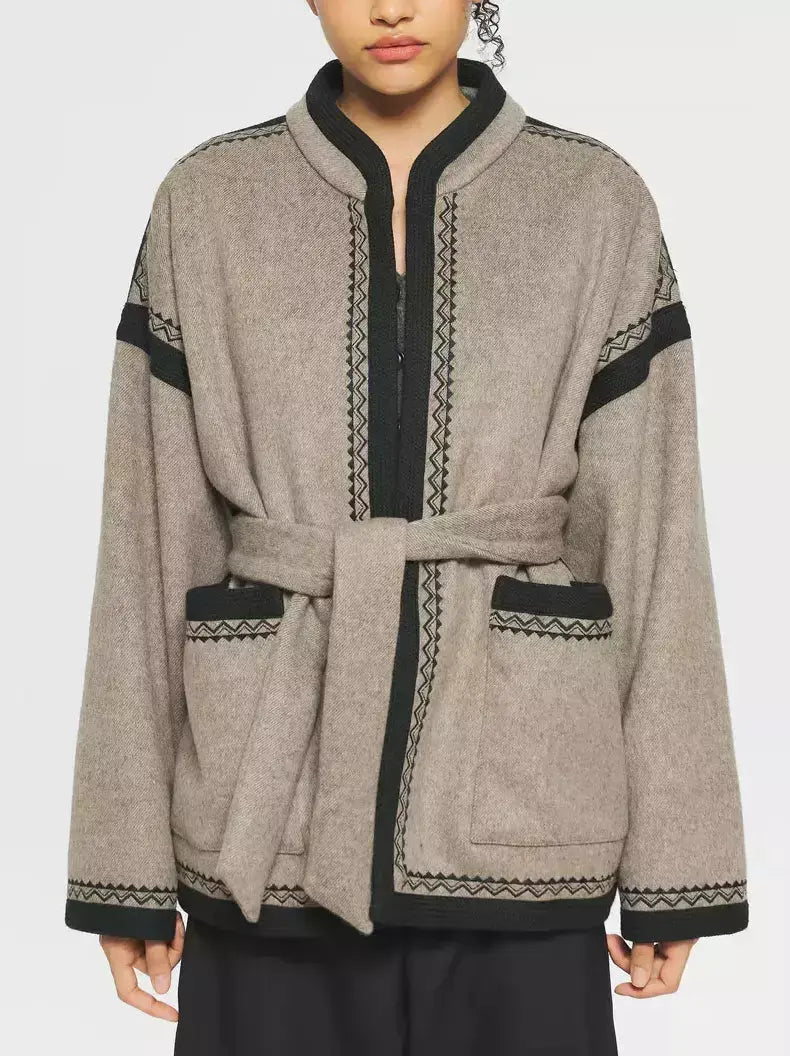 Belted Embroidered Wool-Blend Kimono Jacket - Jackets