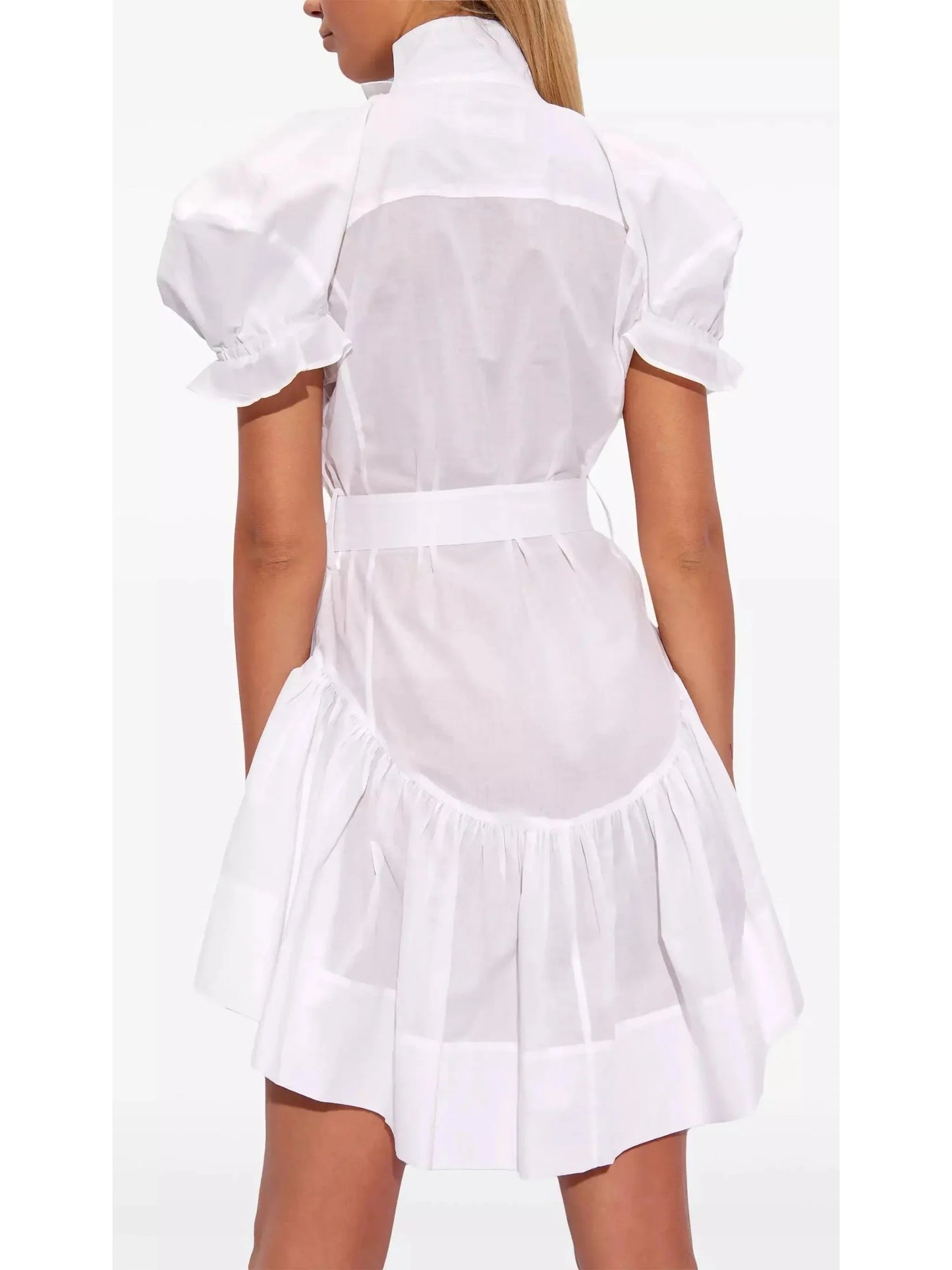 Belted Floral-Embroidered White Cotton Mini Dress - Dresses