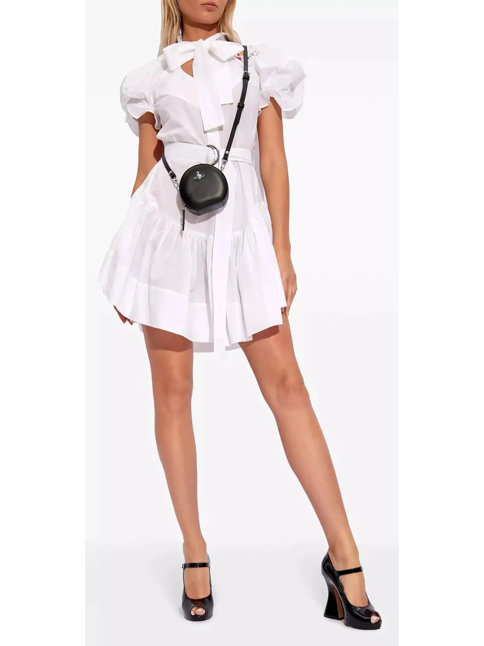 Belted Floral-Embroidered White Cotton Mini Dress - Dresses