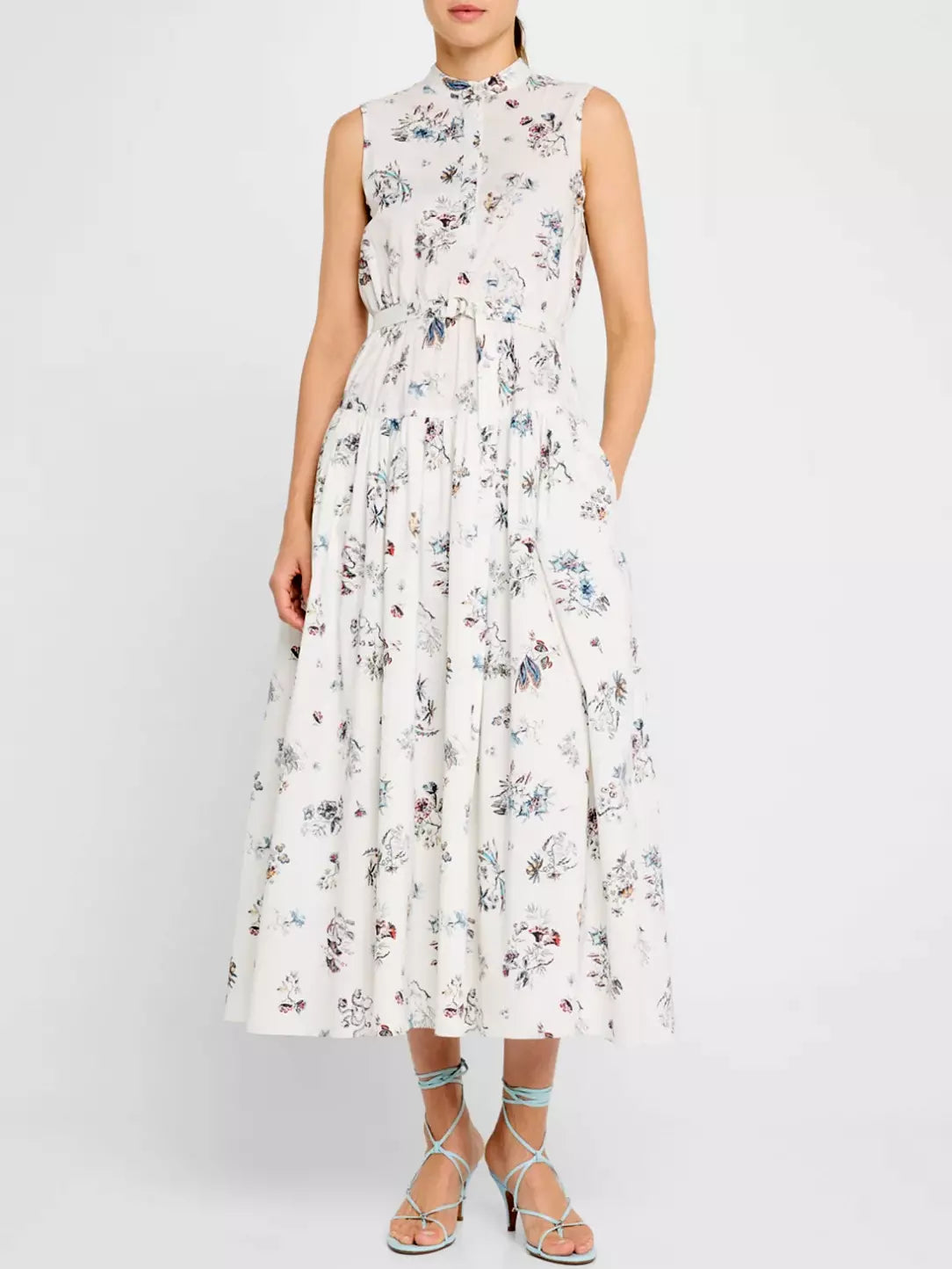 Belted Floral-Print Cotton Sleeveless Midi Shirt Dress showcasing a vibrant floral design