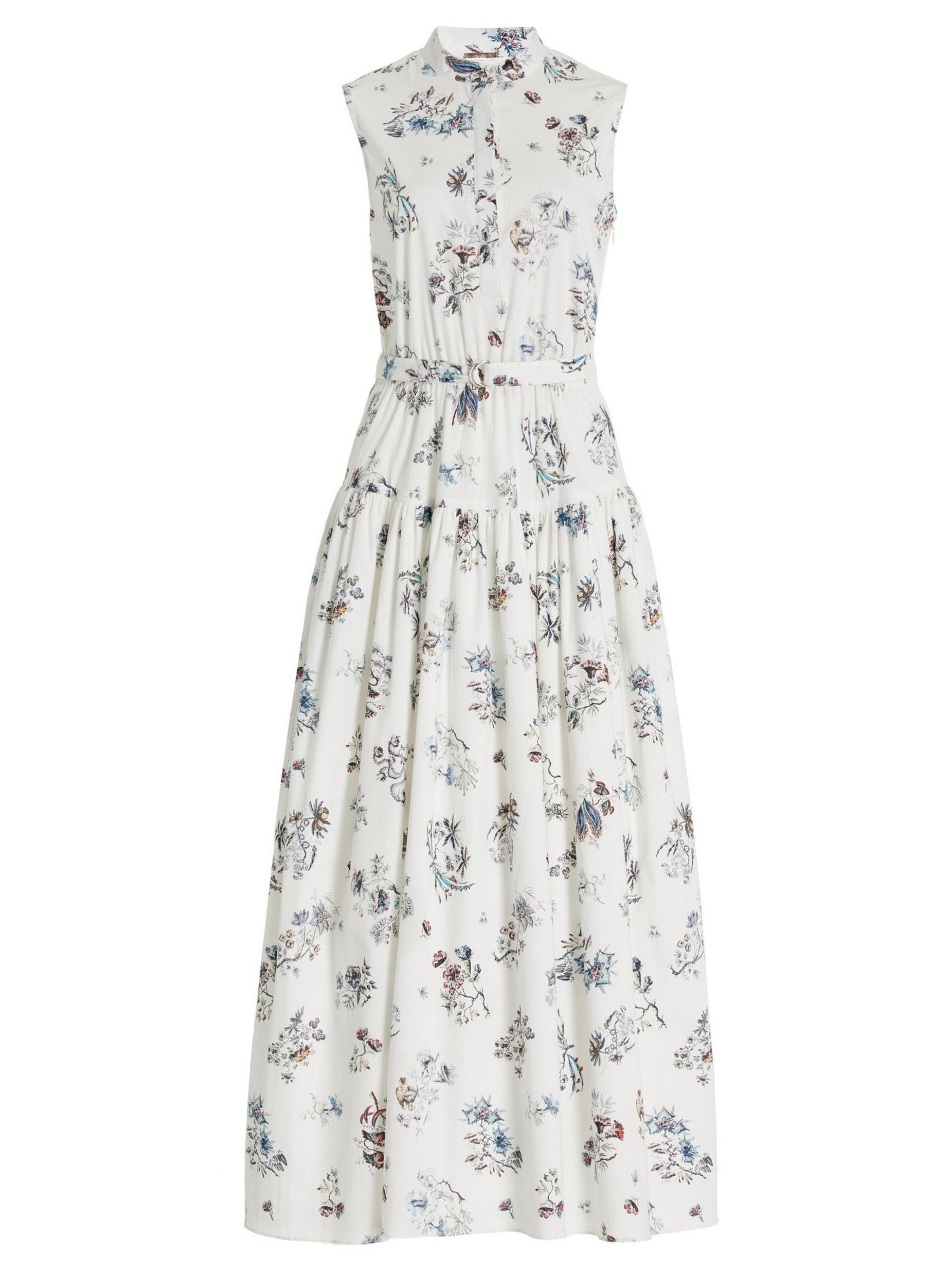 Belted floral-print cotton sleeveless midi shirt dress with white floral design
