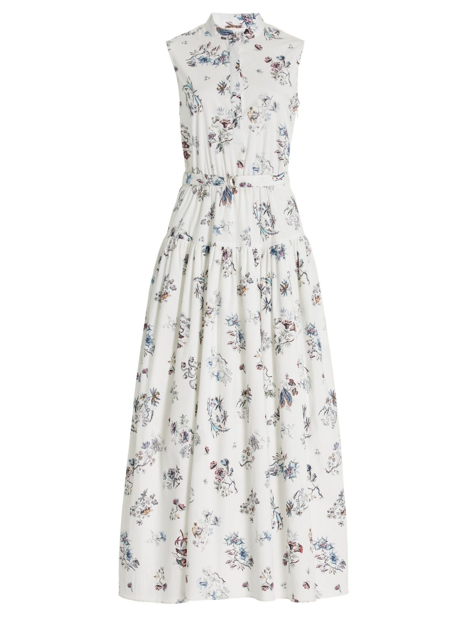 Belted floral-print cotton sleeveless midi shirt dress with white floral design