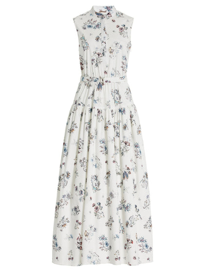Belted floral-print cotton sleeveless midi shirt dress with white floral design