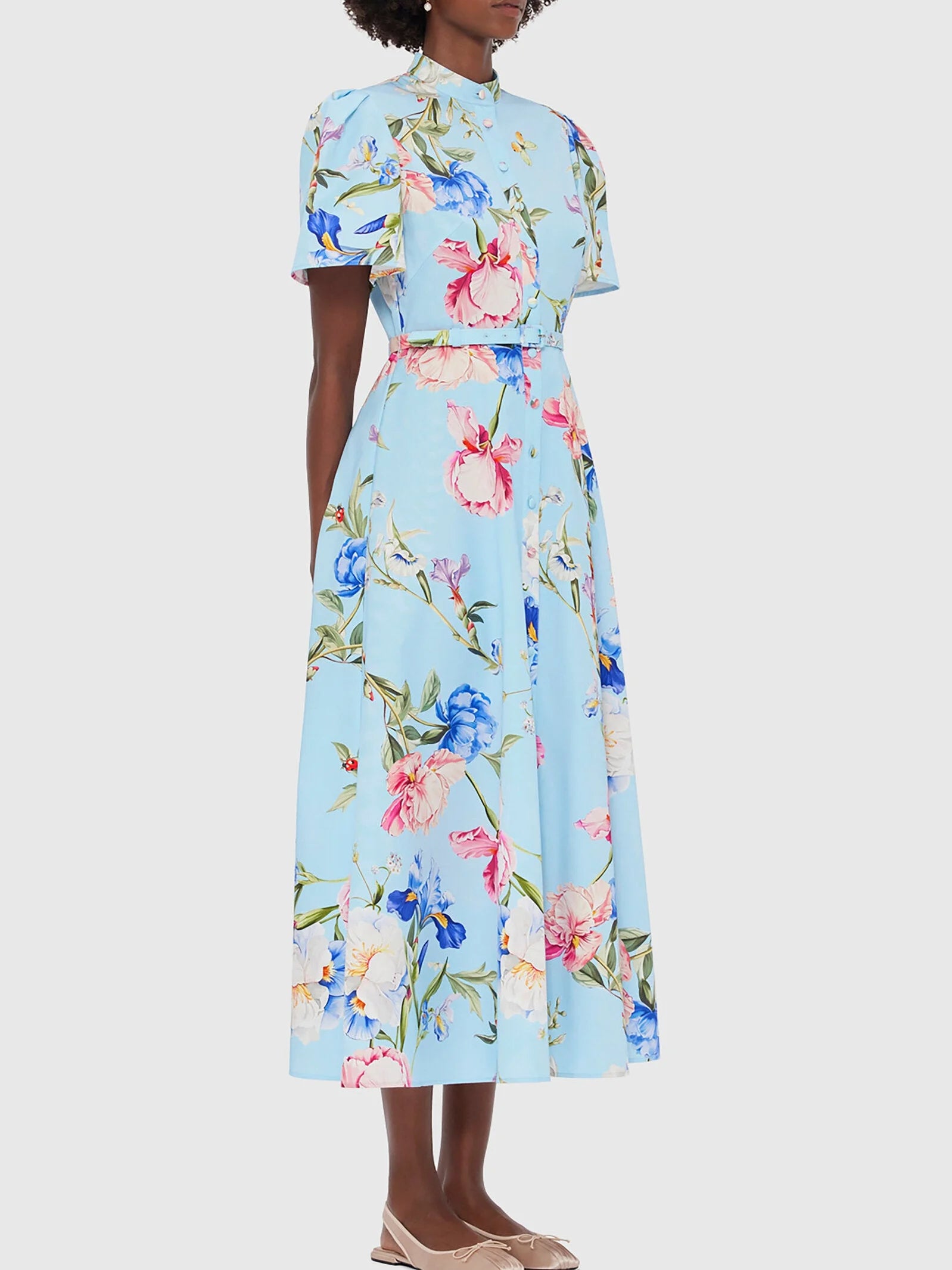 Belted Floral-Print Midi Dress in Light Blue - Dresses