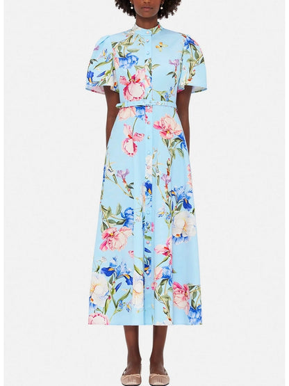Belted Floral-Print Midi Dress in Light Blue - Dresses