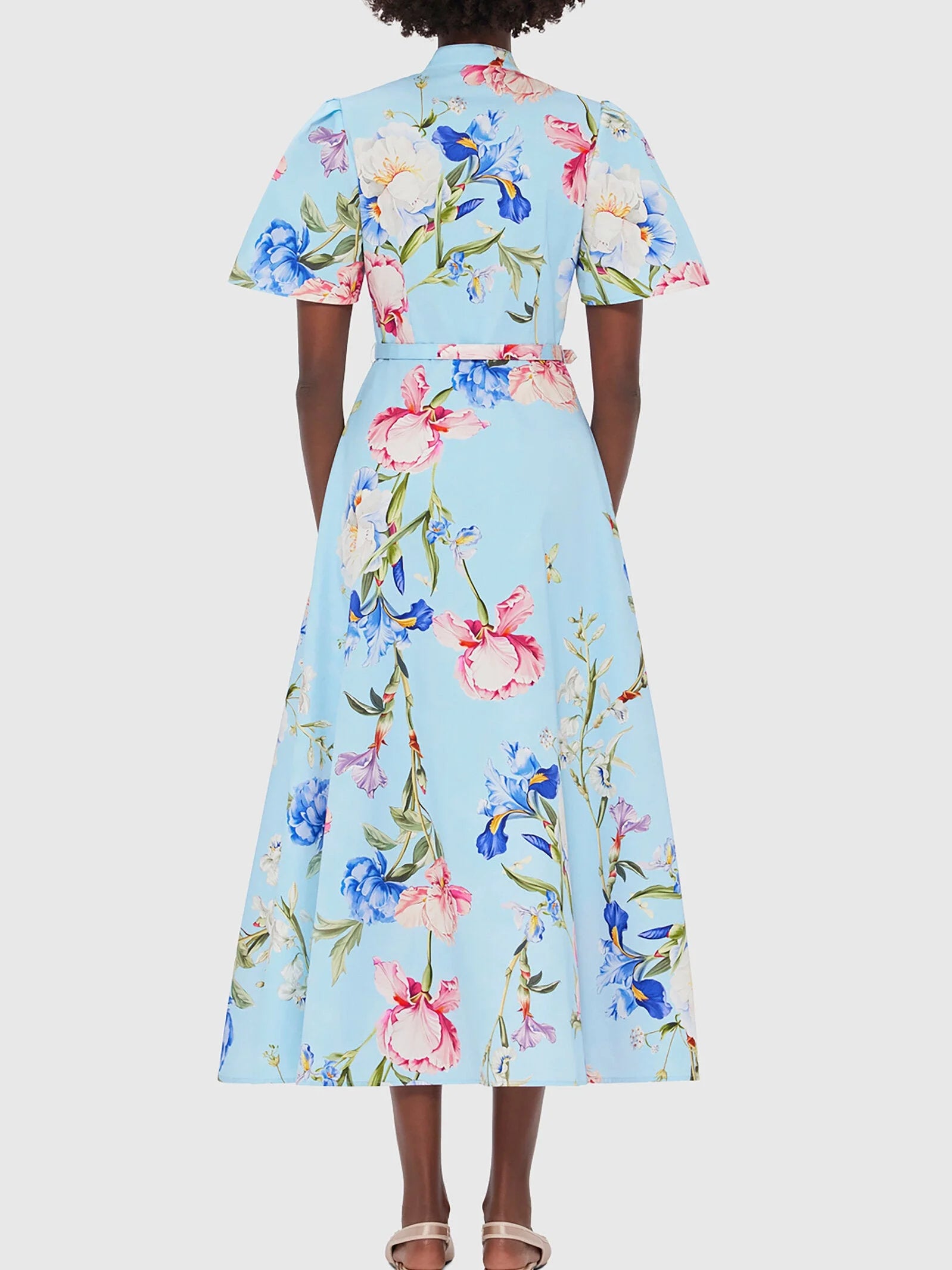 Belted Floral-Print Midi Dress in Light Blue - Dresses