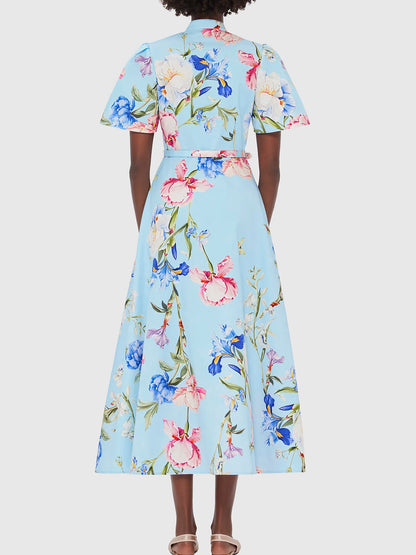 Belted Floral-Print Midi Dress in Light Blue - Dresses