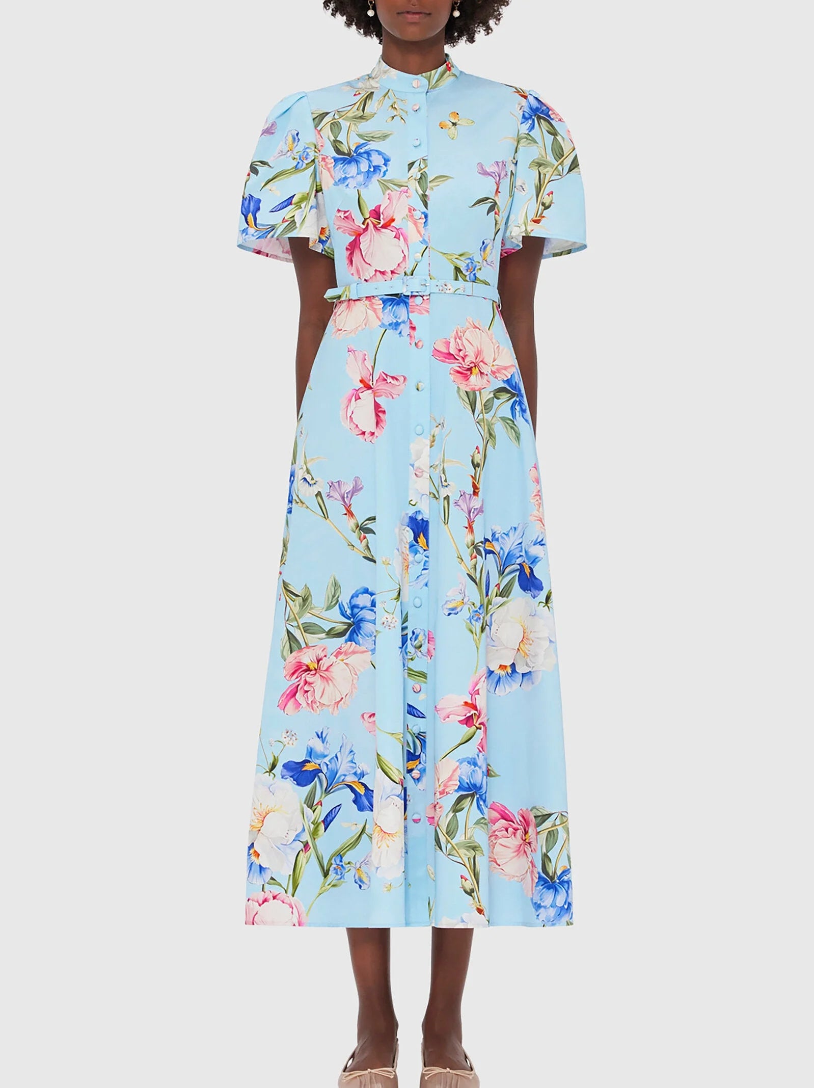 Belted Floral-Print Midi Dress in Light Blue - S - Dresses