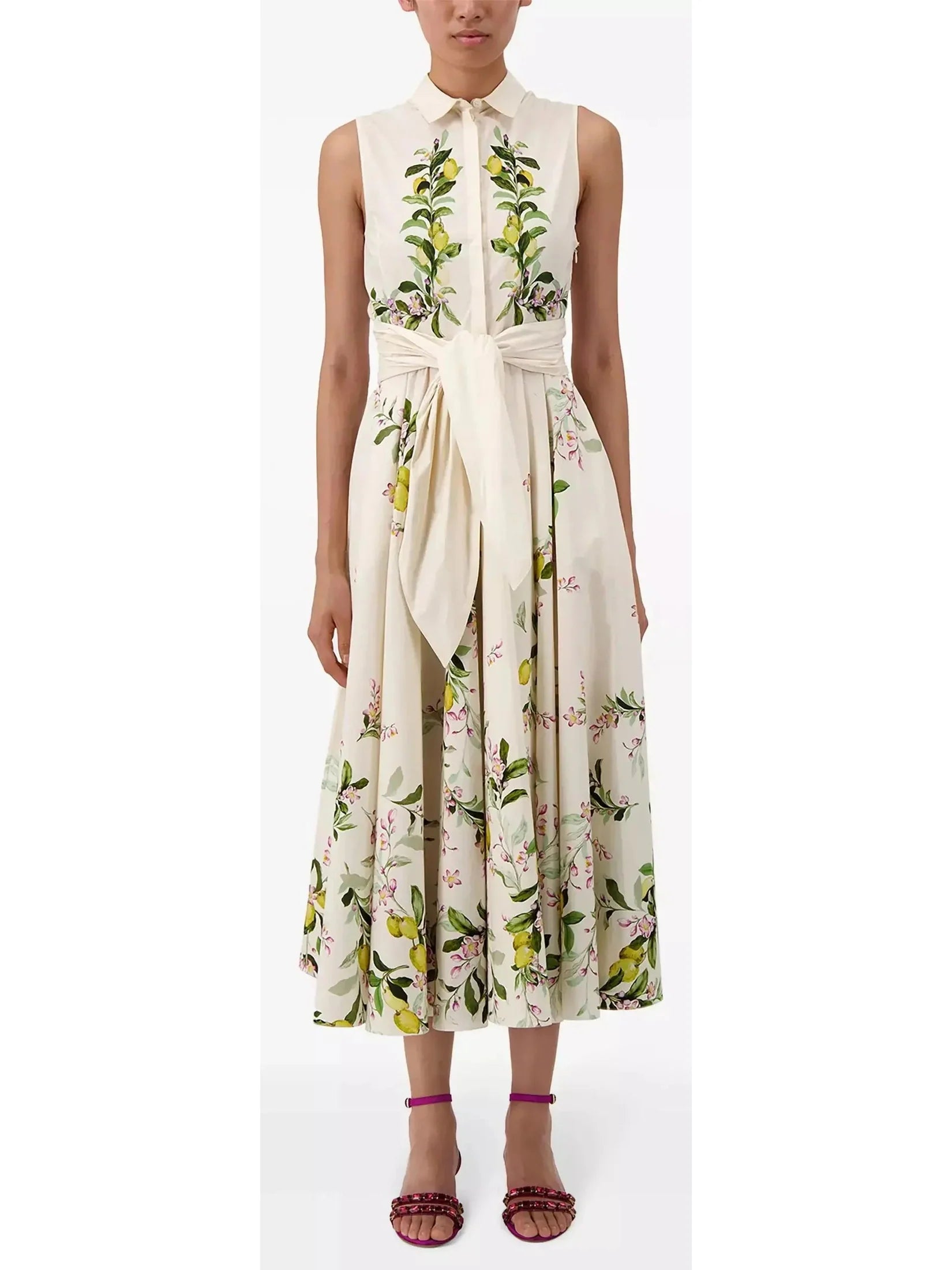 Belted Floral-Print Sleeveless Midi Dress - Dresses