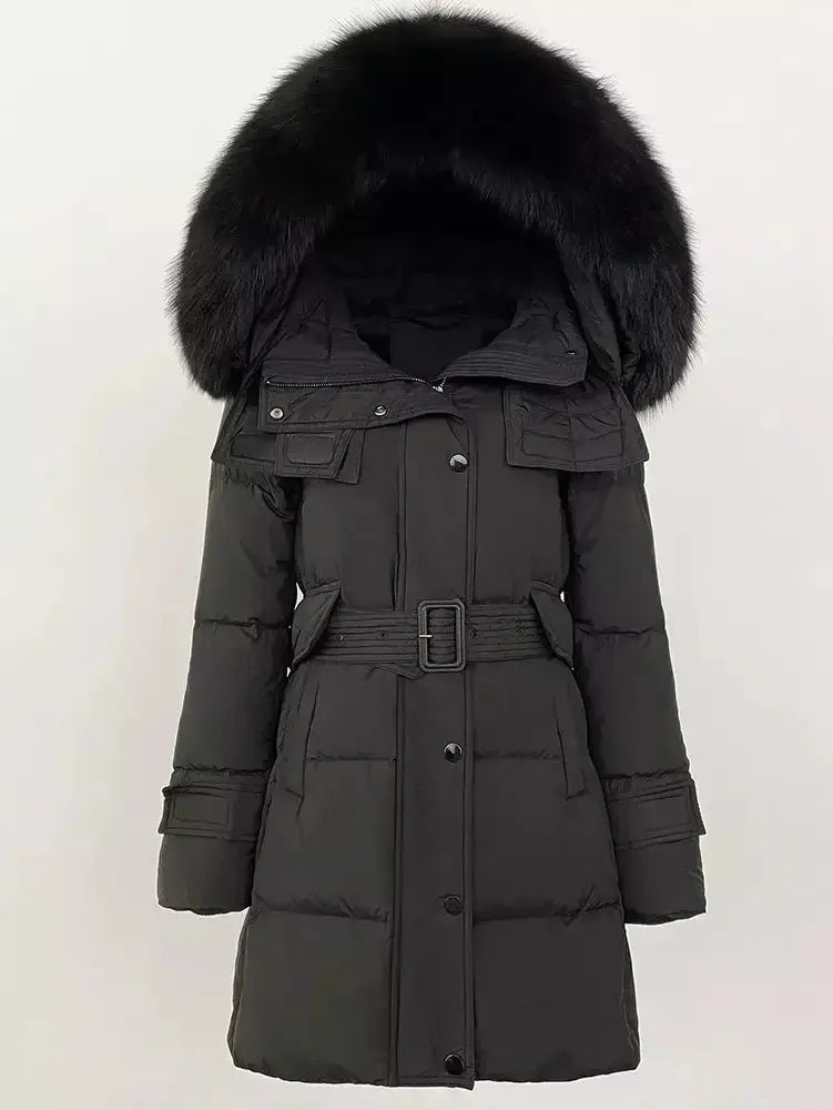 Belted Fur-Hooded Down Coat in Black - Coats