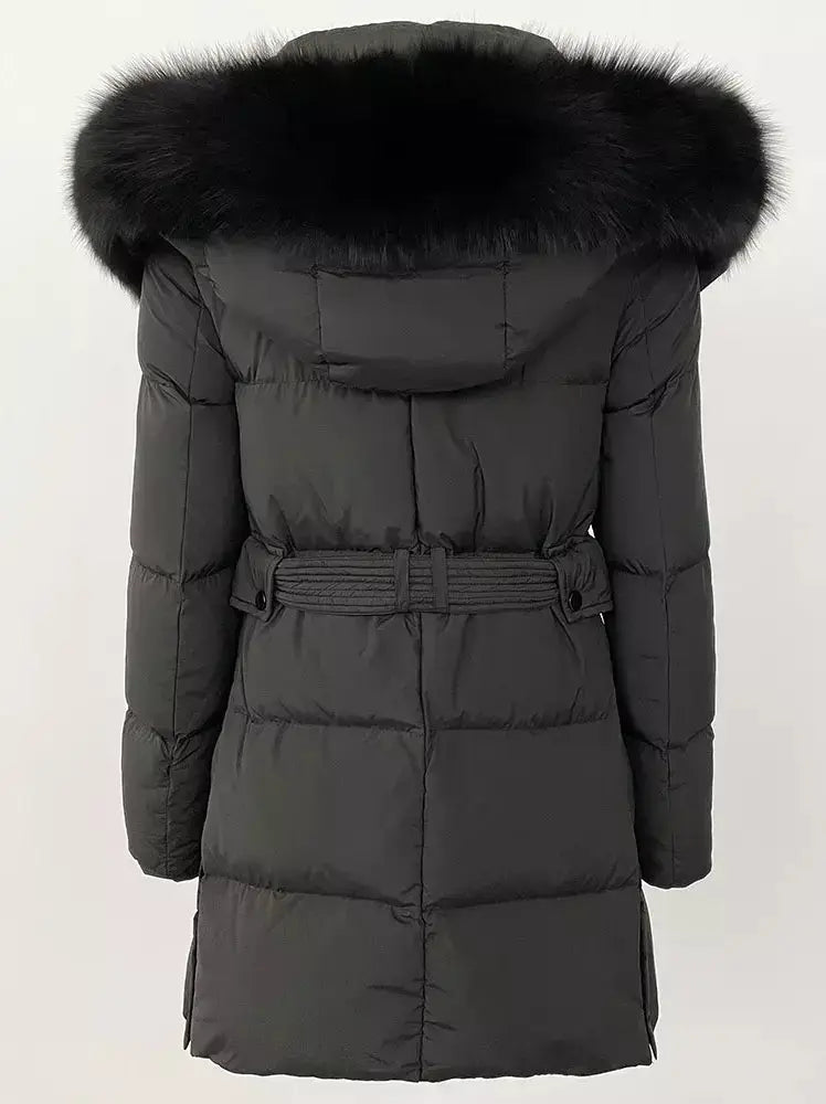 Belted Fur-Hooded Down Coat in Black - Coats