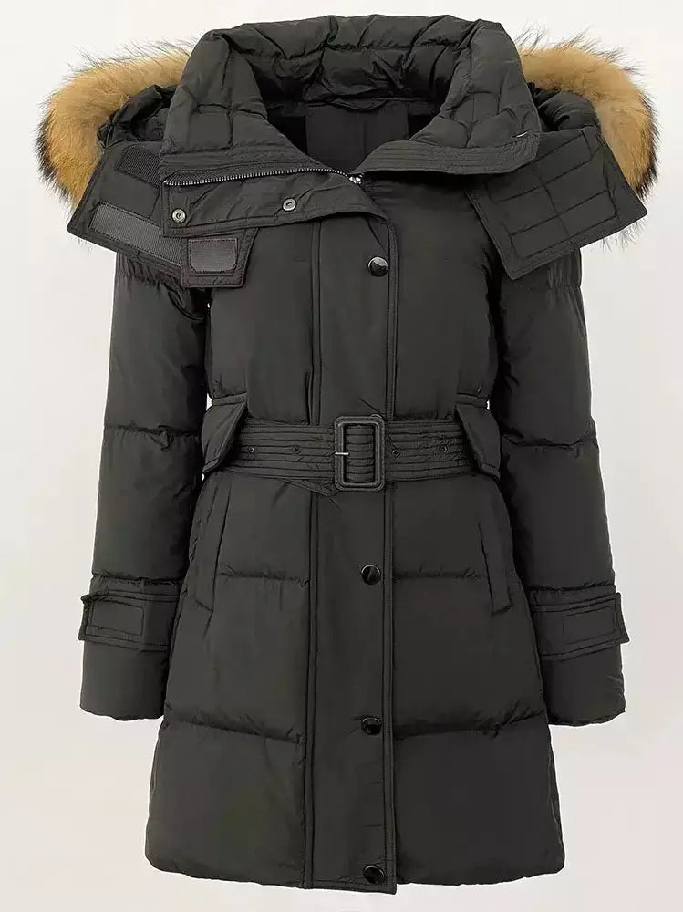 Belted Fur-Hooded Down Coat in Black with Natural Fur - Coats