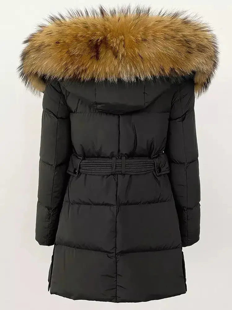 Belted Fur-Hooded Down Coat in Black with Natural Fur - Coats