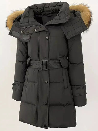 Belted Fur-Hooded Down Coat in Black with Natural Fur - Coats