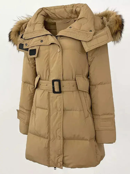 Belted Fur-Hooded Down Coat in Camel - Coats