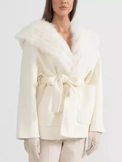 Belted Fur Lined Cashmere Jacket with Fur Lining - Jackets