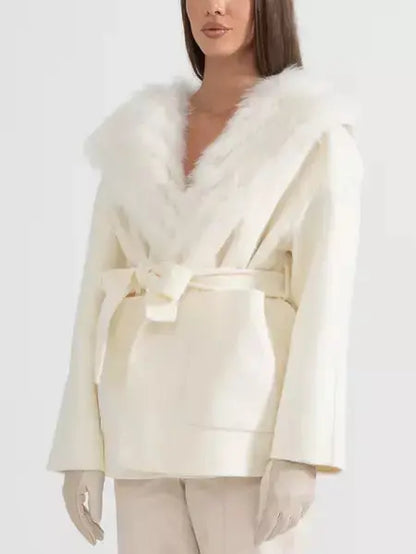 Belted Fur Lined Cashmere Jacket with Fur Lining - Jackets