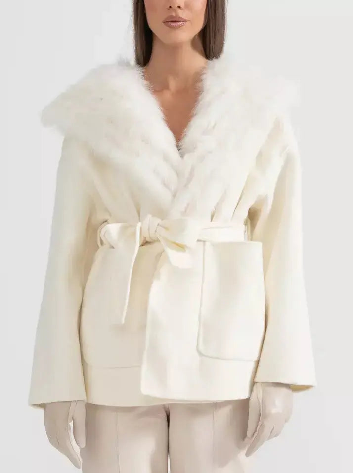 Belted Fur Lined Cashmere Jacket with Fur Lining - Jackets