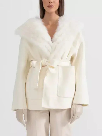 Belted Fur Lined Cashmere Jacket with Fur Lining - Jackets