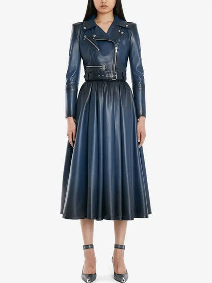 Belted Gradient Cropped Leather Jacket and Pleated Skirt Set - Suits & Sets
