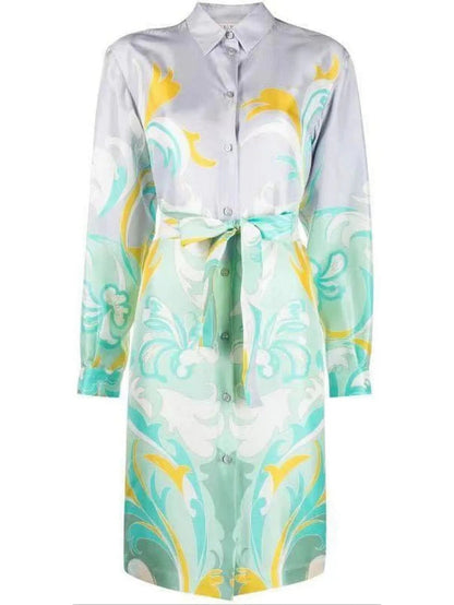 Belted Graphic Print Shirt Dress - Dresses