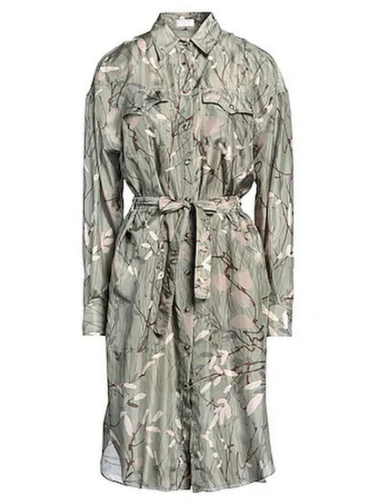 Floral-patterned belted graphic print silk jersey dress in sage green