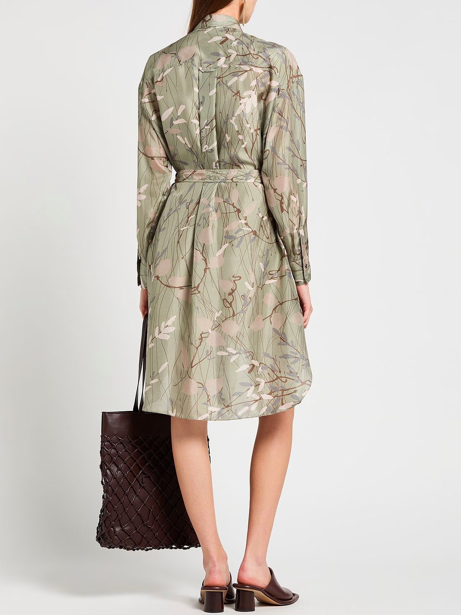 Belted Graphic Print Silk Jersey Dress in Sage Green with a stylish pattern design