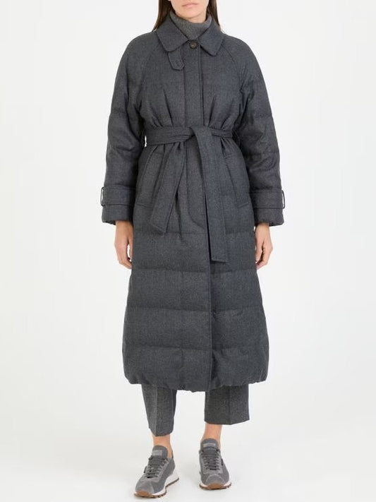 Belted Grey Feather Down Coat in Wool - Coats