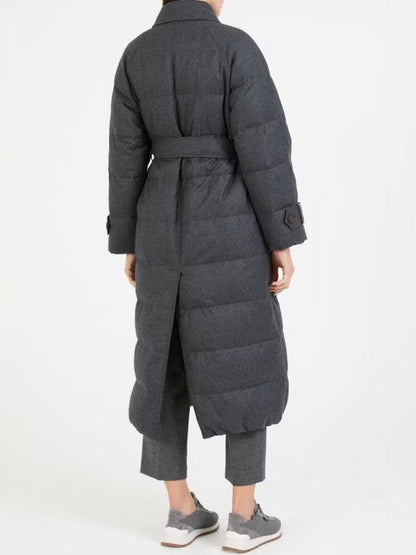 Belted Grey Feather Down Coat in Wool - Coats