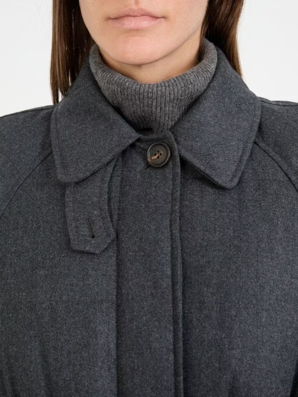 Belted Grey Feather Down Coat in Wool - Coats