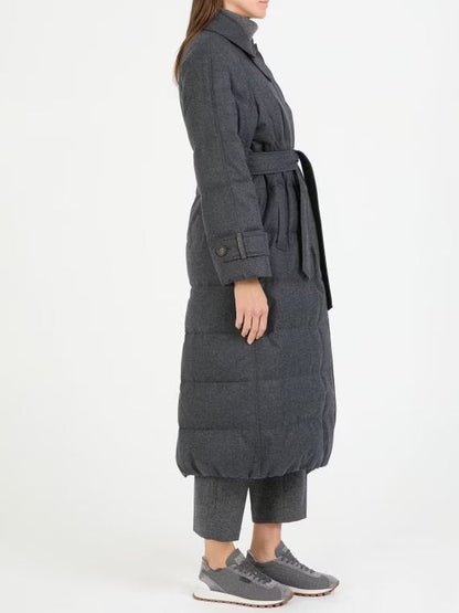 Belted Grey Feather Down Coat in Wool - Coats