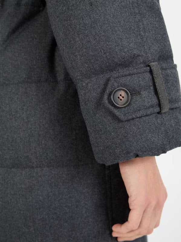 Belted Grey Feather Down Coat in Wool - Coats