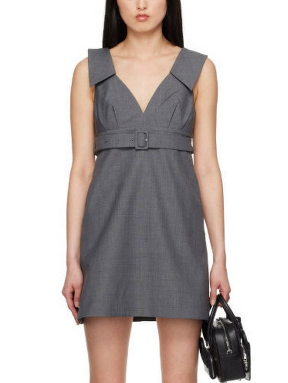 Belted Grey Woven Mini Dress - Dresses