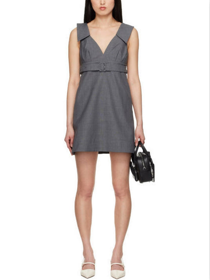 Belted Grey Woven Mini Dress - Dresses