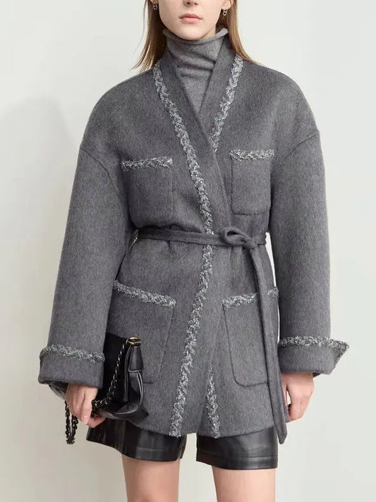 Belted Grey Wrap Short Wool-Blend Coat - Coats