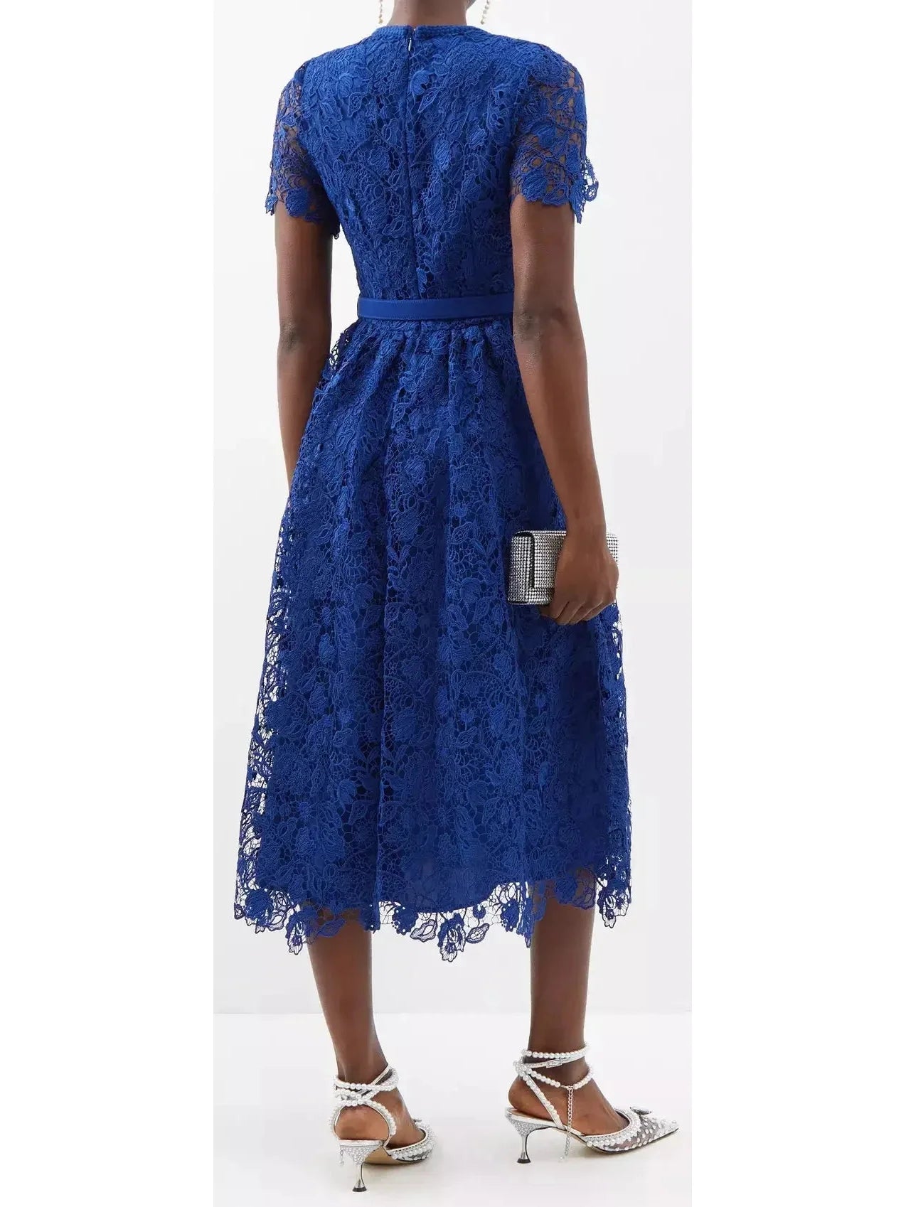 Belted Guipure-Lace Midi Dress Blue - Dresses