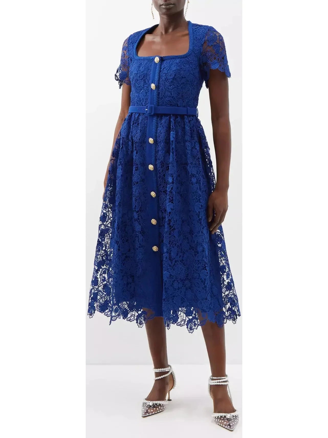 Belted Guipure-Lace Midi Dress Blue - Dresses