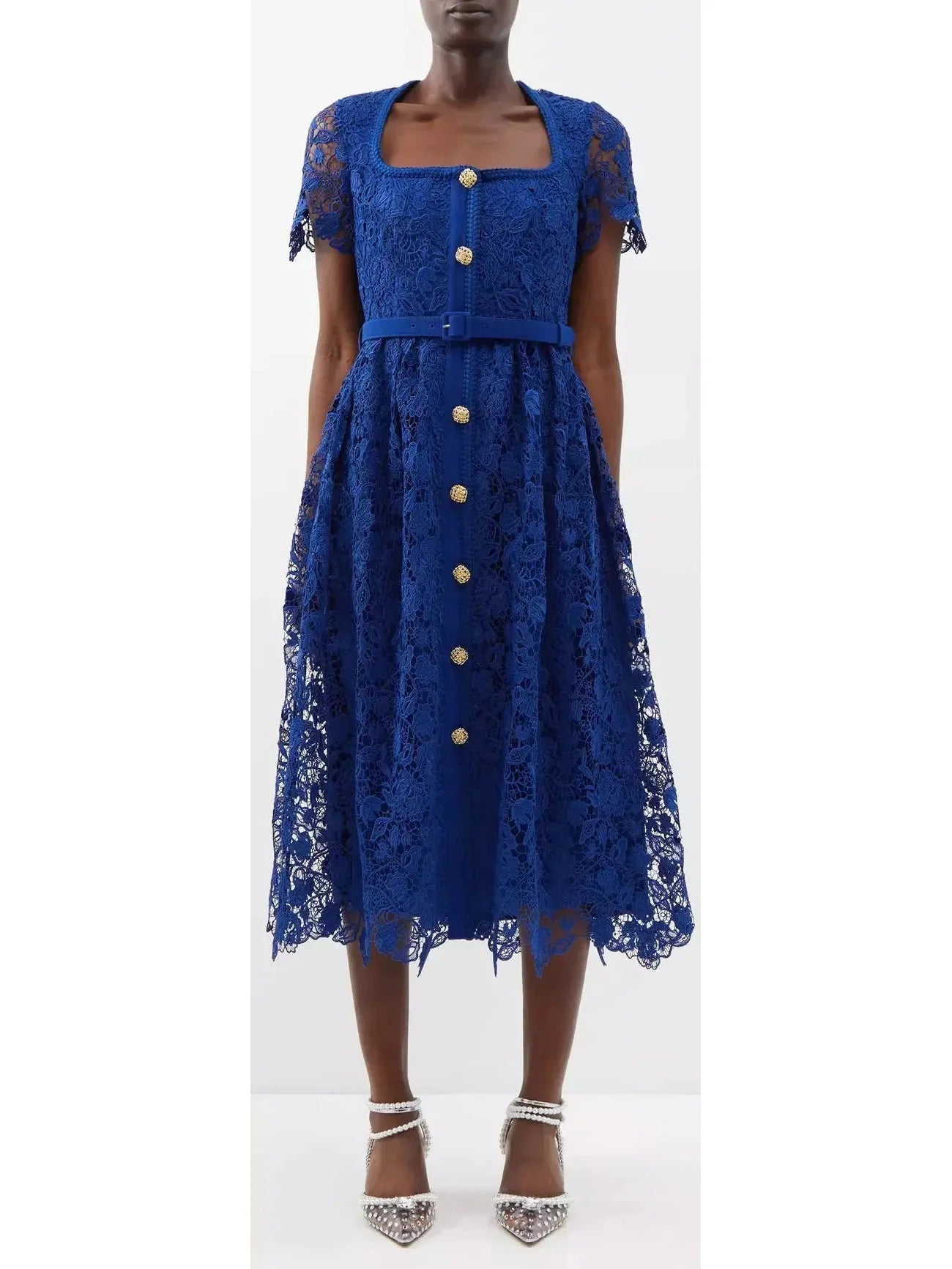 Belted Guipure-Lace Midi Dress Blue - small - Dresses