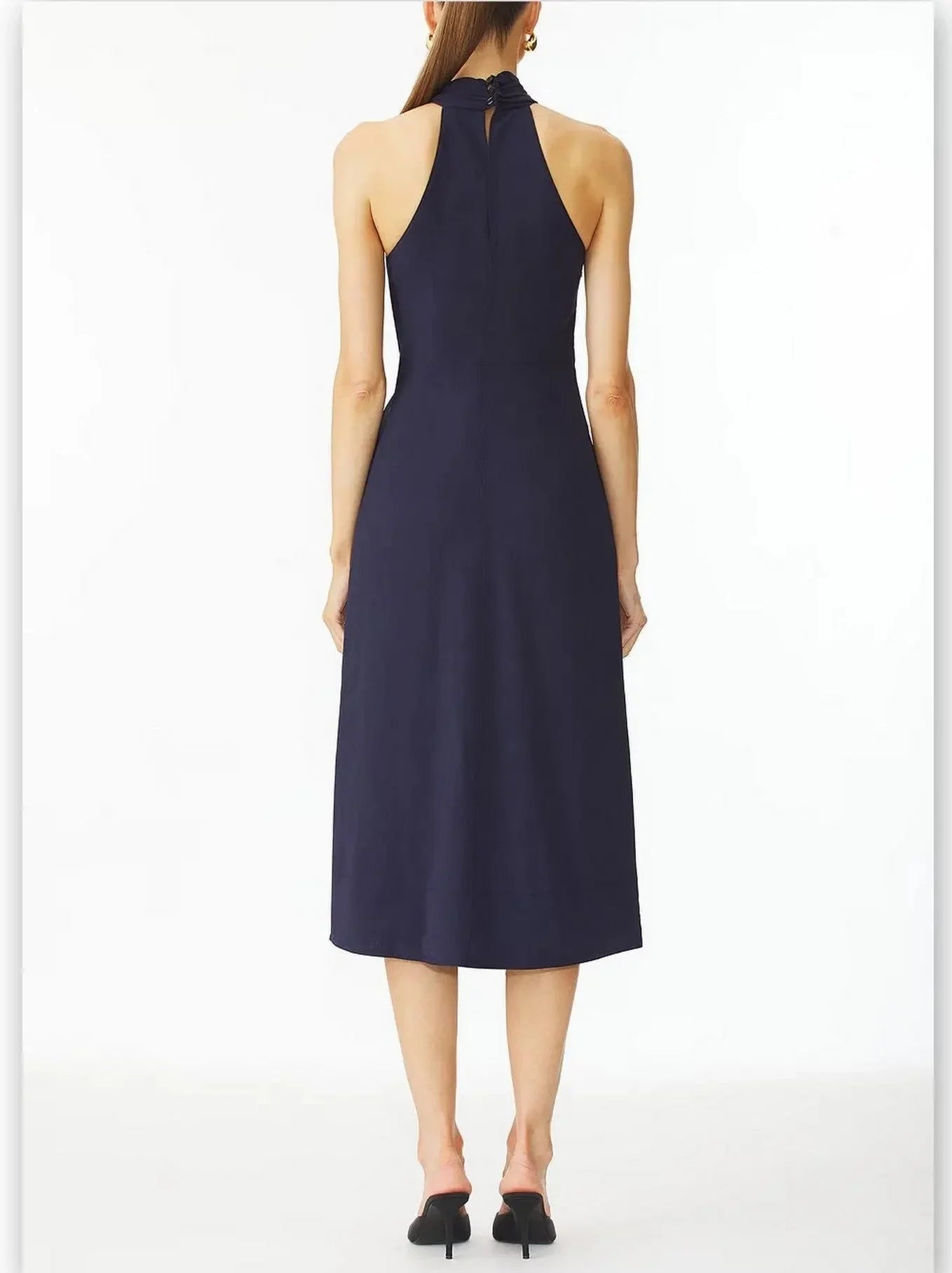 Belted Halter-Neck Pleated-Panel Midi Dress in Navy - Dresses