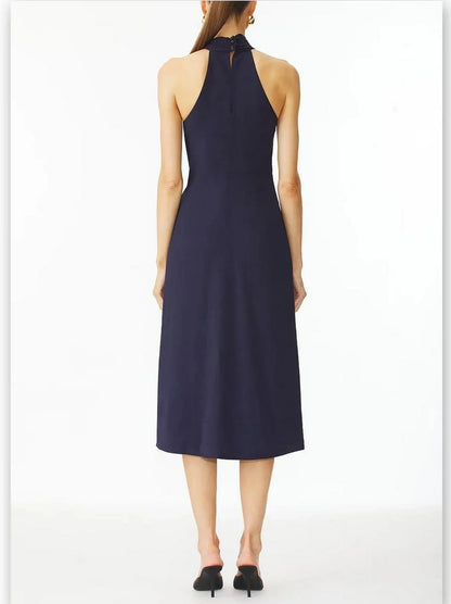 Belted Halter-Neck Pleated-Panel Midi Dress in Navy - Dresses